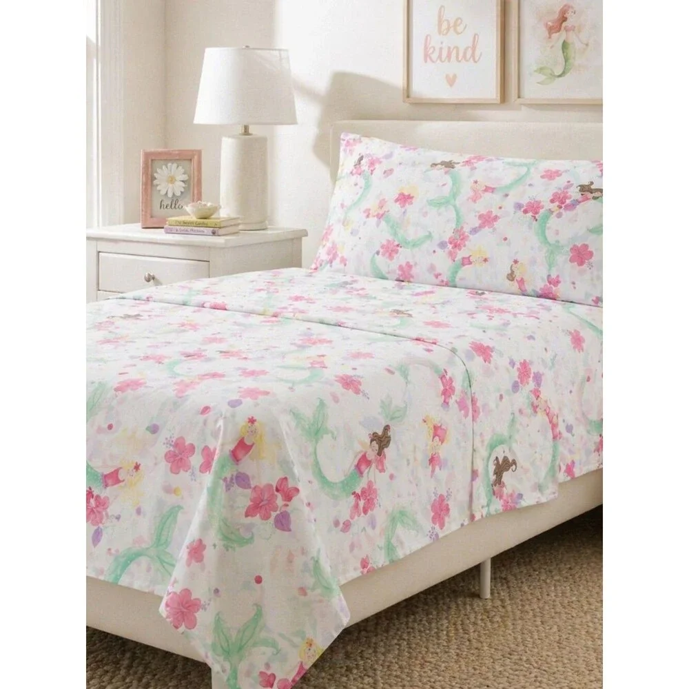 Pottery Barn Kids Mermaid Floral Queen Flat Sheet Pink Green Cotton Bedding